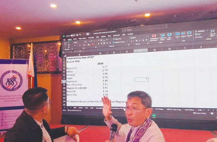 “If you ask couples why the fertility rate is going down, most of them will say it’s because life is so difficult now — they cannot afford to have kids,” says Commission on Population and Development - Region 6 director Harold Alfred Marshall (right). He is explaining the sharp drop in the total fertility rate (TFR) in Western Visayas during a presentation of the region’s population data, as CPD-6 Population Program Officer III Roilo Vincent Laguna (left) looks on. NELJOY N. GALIGAO/PN