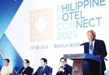 Philippine Amusement and Gaming Corporation (PAGCOR) Chairman and CEO Alejandro H. Tengco (right) delivers his welcome address during the first day of the Philippine Hotel Connect 2025 conference which will run from July 24-25 at the Manila Marriot Hotel. Also in photo are TIEZA Chief Operating Officer Mark Lapid, Philippine Hotel Owners Association President Arthur Lopez, Tourism Undersecretary and Chief of Staff Shahlimar Hofer Tamano, and PHCon2025 Chairperson Francis Gotianun.