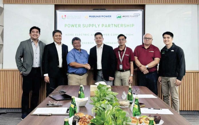CLEAN ENERGY PARTNERSHIP. MORE Power president and chief executive officer Roel Z. Castro (3rd from left) and MabuhayPower Holdings Corp. chairman Sherwin Go Hing (4th from left) formalize the 6.6 MW Solar Power Supply Agreement on July 1, 2025. Also in the photo (from left to right) are MabuhayPower chief operations officer Carlo Jose Morales, Urban Energy Development Corporation president Alfonso Javier D. Reyes, MORE Power chief operations oOfficer JM Zaporteza, VP for Corporate Energy Sourcing and Commercial Affairs Niel Parcon, and Energy Sourcing Manager Raphael Dorilag.