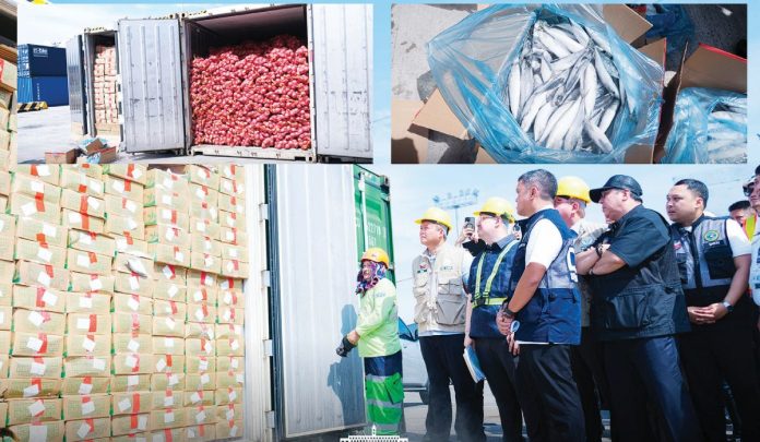 smuggled-agri-products Onions misdeclared as egg noodles, spring rolls and dumplings were seized at the Port of Manila on Tuesday, July 1, 2025. Also seized were imported mackerels. BUREAU OF CUSTOMS PHOTOS