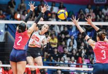 PLDT High Speed Hitters’ Erika Santos tries to score against the defense of Creamline Cool Smashers’ Alyssa Valdez and Michelle Gamit. PVL PHOTO