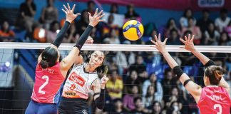 PLDT High Speed Hitters’ Erika Santos tries to score against the defense of Creamline Cool Smashers’ Alyssa Valdez and Michelle Gamit. PVL PHOTO