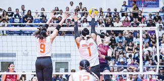 Farm Fresh Foxies’ Alohi Robins-Hardy tries to block the attack of Desiree Cheng of Choco Mucho Flying Titans. PVL PHOTO