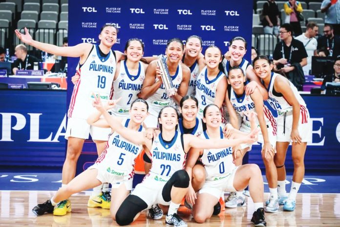 Gilas Pilipinas Women celebrate their win against Lebanon in the 2025 FIBA Women's Asia Cup. FIBA PHOTO