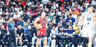 Ilonggo Jericho Cruz of San Miguel Beermen celebrates after converting a three-pointer late in the fourth quarter. PBA PHOTO