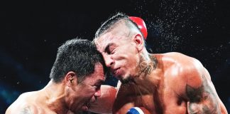 Filipino ring icon Manny Pacquiao and Mario Barrios had an accidental clash of heads during their WBC world welterweight clash. AP PHOTO