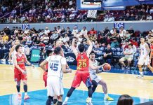 TNT Tropang 5G’s Henry Galinato tries to score against the defense of Rain or Shine Elasto Painters' Leonard Santillan. PBA PHOTO