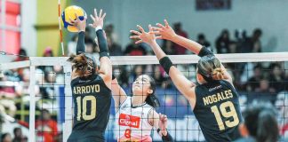 Cignal HD Spikers’ Erika Santos attempts to score against the defense of ZUS Coffee Thunderbelles’ Chinnie Arroyo. PVL PHOTO