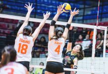 NxLed Chameleons’ Ennajie Laure-Cariño tries to score against the defense of Farm Fresh Foxies’ Caitlyn Viray. PVL PHOTO