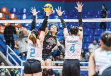 Jovelyn Fernandez of Nxled Chameleons scores against the defense of Galeries Tower Highrisers. PVL PHOTO