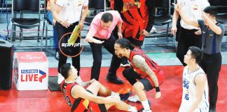 Ilonggo Jericho Cruz (left) and CJ Perez of the San Miguel Beermen show raw emotion as they celebrate their team’s PBA Philippine Cup championship win last night at the PhilSports Arena in Pasig City. SPIN.PH PHOTO