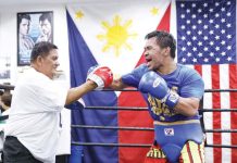 Manny Pacquiao spars with long-time friend Buboy Fernandez. He faces WBC welterweight champion Mario Barrios this Sunday (Philippine team) in Las Vegas. PHOTO COURTESY OF MANNY PACQUIAO