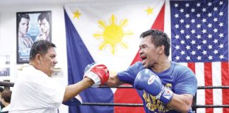 Manny Pacquiao spars with long-time friend Buboy Fernandez. He faces WBC welterweight champion Mario Barrios this Sunday (Philippine team) in Las Vegas. PHOTO COURTESY OF MANNY PACQUIAO