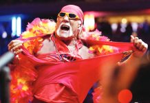 Hulk Hogan rips his shirt during a campaign rally of US President Donald Trump at Madison Square Garden in New York in 2024. AP PHOTO/ALEX BRANDON