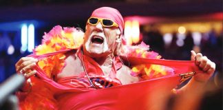 Hulk Hogan rips his shirt during a campaign rally of US President Donald Trump at Madison Square Garden in New York in 2024. AP PHOTO/ALEX BRANDON