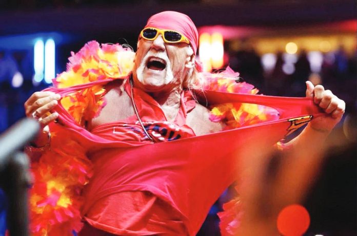 Hulk Hogan rips his shirt during a campaign rally of US President Donald Trump at Madison Square Garden in New York in 2024. AP PHOTO/ALEX BRANDON