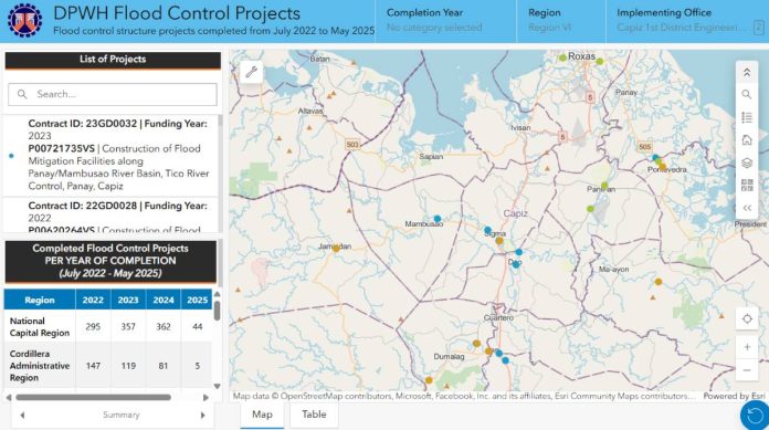 The map of Capiz from the “Sumbong sa Pangulo” website showing the locations of flood control projects in the province