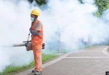 A sanitation worker sprays insecticide to prevent the spread of chikungunya in Dongguan, Guangdong, China. GETTY IMAGES