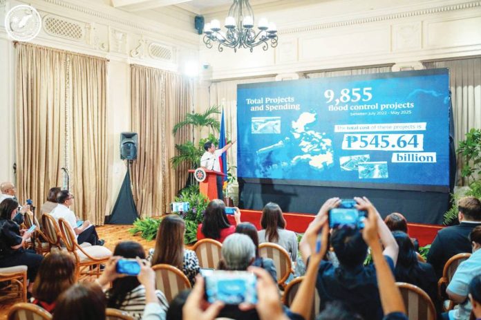 PBBM_hints_copy_resized President Ferdinand Marcos Jr. disclosed on Monday that an initial review found that P100-billion worth of 20 percent of all flood control projects in the past three years were undertaken by 15 contractors. PCO