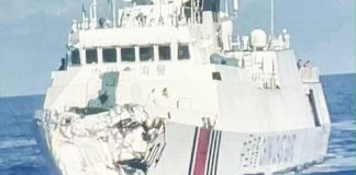China Coast Guard-3104 sustains damage to its forecastle after being rammed by the Chinese navy in Panatag Shoal on Aug. 11. Photo from PTV reporter Patrick De Jesus via John Eric Mendoza, INQUIRER.net