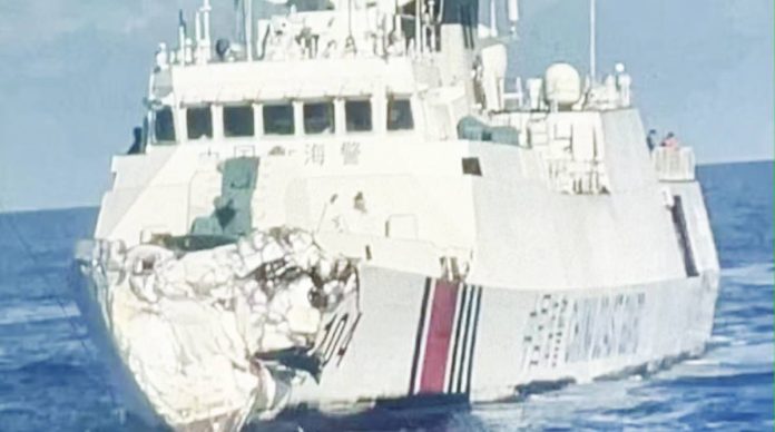 PH to lodge China Coast Guard-3104 sustains damage to its forecastle after being rammed by the Chinese navy in Panatag Shoal on Aug. 11. Photo from PTV reporter Patrick De Jesus via John Eric Mendoza, INQUIRER.net