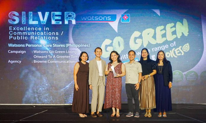 Photo 1 Watsons Philippines receives recognition at the 2025 Marketing Excellence Awards Philippines for its “Go Green Living: Onward to a Greener Tomorrow” campaign. (L-R: Laarni Reyes, Managing Partner, Browne Communications; Renz Laluz, Assistant Marketing Manager; Alisandrea Coloma, Senior Marketing Manager – PR and Sustainability; Dharell Fontanilla, Senior Marketing Manager; and Sharon Decapia, SAVP – Marketing, PR and Sustainability, all from Watsons Philippines; with Amby Molina, Business Development Director, Browne Communications)