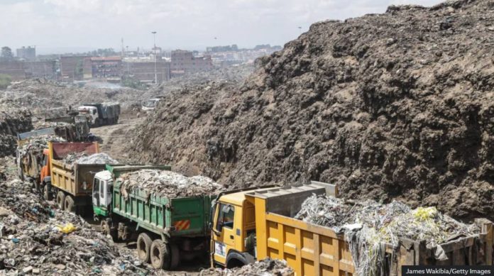 Plastic Rubbish dump trucks queue up laden with rubbish in Nairobi, Kenya. GETTY IMAGES