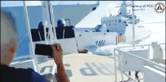 Two Chinese vessels collide in the waters off Panatag or Scarborough Shoal on Aug. 11, 2025, in this screen grab of a Philippine Coast Guard video.
