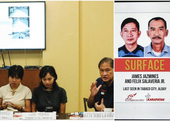 Members of the families of James Jazmines and Felix Salaveria Jr. join a press conference by Karapatan on Monday to call for the surfacing of the missing activists. Karapatan and another human rights advocacy group, Desaparecidos, have printed notices bearing the images of Jazmines and Salaveria. LYN RILLON, PHILIPPINE DAILY INQUIRER