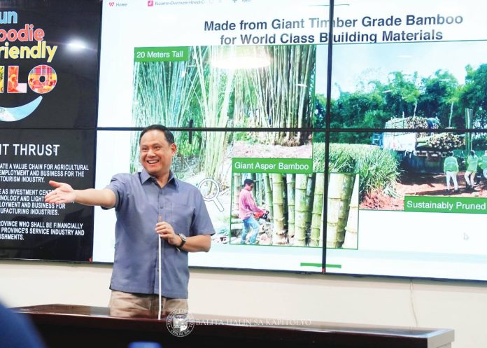 neljoy bamboo copy Iloilo’s Gov. Arthur Defensor Jr. gestures during the presentation of Rizome Bamboo’s investment proposal at the Iloilo Provincial Capitol. The proposal aims to establish Iloilo as Southeast Asia’s leading bamboo powerhouse by 2030 through the development of a bamboo-based green economy and engineered bamboo exports. PHOTO FROM BALITA HALIN SA KAPITOLYO