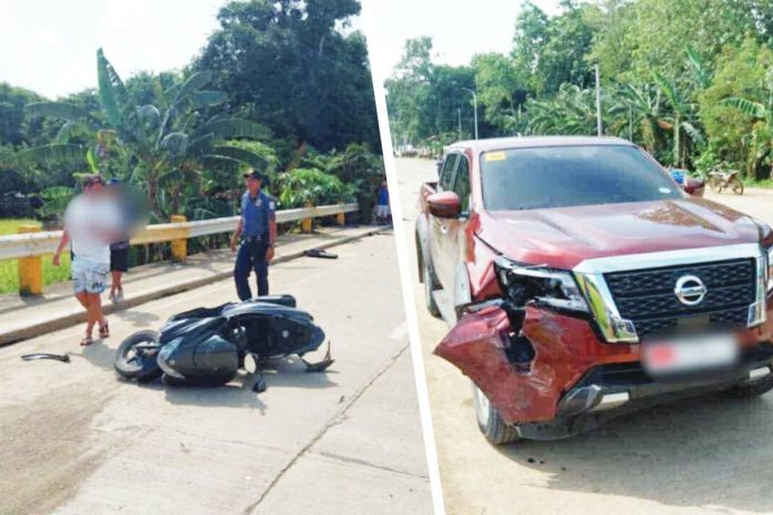A motorcycle was badly damaged after it was rammed by a pickup in Barangay Aglosong, Concepcion, Iloilo, on August 11, 2025. CONCEPCION MPS PHOTOS