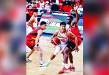 The Games and Amusements Board revoked the professional playing license of John Amores (second from left) over a shooting incident during a pickup game in Lumban, Laguna, last year. 9PBA PHOTO