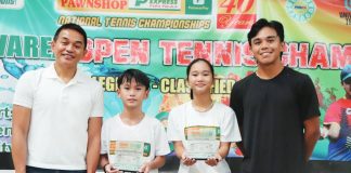 Kathlyn Bugna (second from right) holds her trophy after clinching another twin-title feat and earning MVP honors anew in the Cong. Eric Olivarez National Open Tennis Championships in Parañaque City. CONTRIBUTED PHOTO