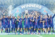 Paris Saint-Germain's celebrate after winning the 2025 UEFA Super Cup final against Tottenham Hotspur FC. Photo courtesy of PSG. PSG PHOTO