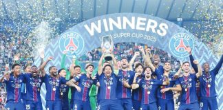 Paris Saint-Germain's celebrate after winning the 2025 UEFA Super Cup final against Tottenham Hotspur FC. Photo courtesy of PSG. PSG PHOTO