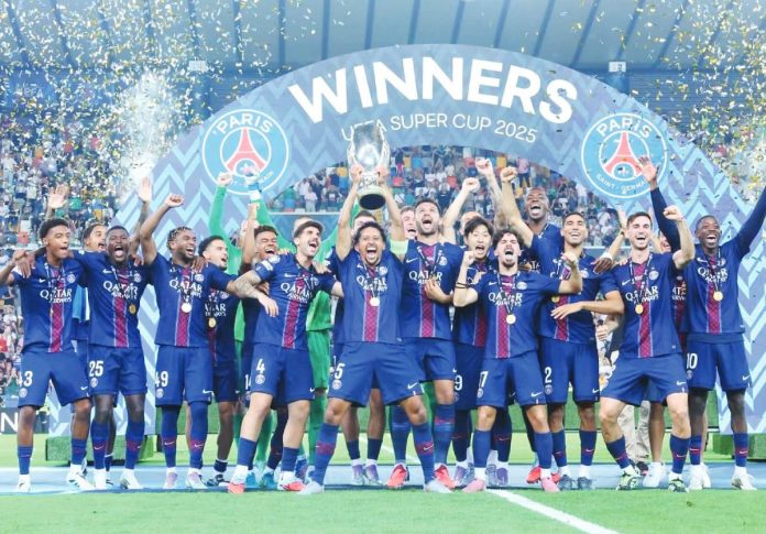 Paris Saint-Germain's celebrate after winning the 2025 UEFA Super Cup final against Tottenham Hotspur FC. Photo courtesy of PSG. PSG PHOTO