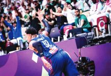 Gilas Pilipinas’ Justin Brownlee gestures after knocking down a three-pointer against Saudi Arabia. FIBA PHOTO