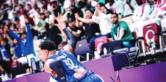 Gilas Pilipinas’ Justin Brownlee gestures after knocking down a three-pointer against Saudi Arabia. FIBA PHOTO