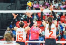 Creamline Cool Smashers’ Michele Gumabao attempts to score against Cignal HD Spikers’ Heather Guino-o and Roselyn Doria-Aquino. PVL PHOTO