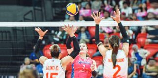 Creamline Cool Smashers’ Michele Gumabao attempts to score against Cignal HD Spikers’ Heather Guino-o and Roselyn Doria-Aquino. PVL PHOTO
