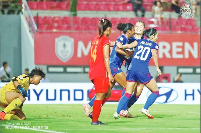 Filipinas celebrate after Nina Mathelus scores against Myanmar in the 2025 MSIG Serenity Cup. PFF-PWNFT MEDIA PHOTO