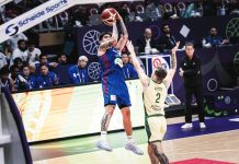 Gilas Pilipinas’ Kevin Quiambao pulls up for a three-pointer against Australia. FIBA PHOTO
