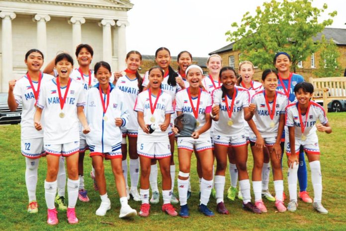 Makati FC Girls U13 squad celebrates after winning the Girls Trophy tournament on Saturday at the Haileybury School in Hertfordshire, England. MAKATI FC PHOTO