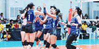 Adamson University Lady Falcons, led by Shaina Nitura, rejoices after scoring a point against Ateneo de Manila University Blue Eagles. SSL PHOTO