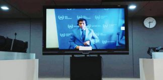 Former president Rodrigo Duterte is seen on a screen in the courtroom of the International Criminal Court (ICC) in The Hague, Netherlands, in this photo taken on March 14, 2025. AP