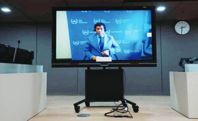 Former president Rodrigo Duterte is seen on a screen in the courtroom of the International Criminal Court (ICC) in The Hague, Netherlands, in this photo taken on March 14, 2025. AP