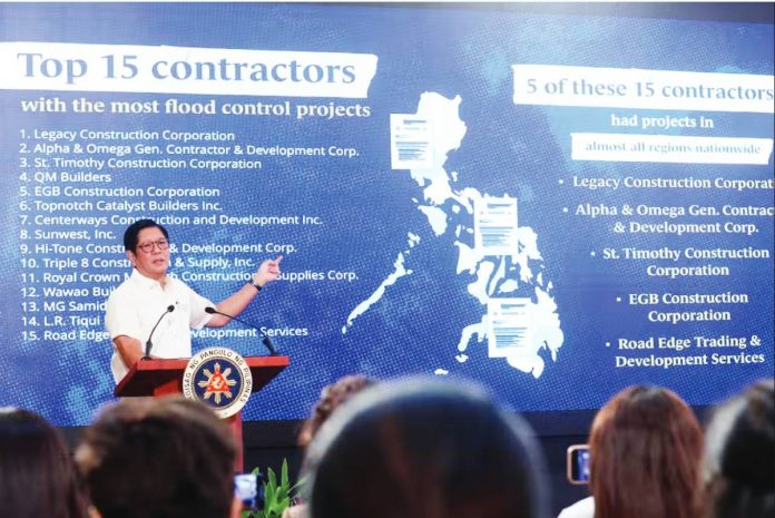 THE LIST THAT STARTED IT ALL. President Ferdinand Marcos Jr. identified the Top 15 flood control project contractors in a presentation in Malacañang on Aug. 11, 2025, shortly after Metro Manila and several provinces suffered widespread flooding despite the billions of pesos already spent on mitigation measures.