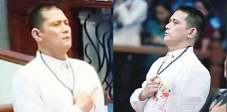 Sen. Robin Padilla insists he made no obscene gesture during the singing of the national anthem at the Senate, and showed a photo to prove this. Left photo was published by a news site. Right photo was Padilla’s showing it was his index finger — not his middle finger — that was raised. ROBINHOOD PADILLA FACEBOOK PAGE