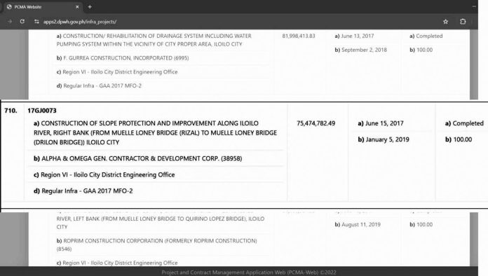 Department of Public Works and Highways records show that Alpha & Omega Gen. Contractor & Development Corp. bagged the P75.4-million Construction of Slope Protection and Improvement Along Iloilo River Project in 2017. Alpha & Omega is one of the nine companies linked to the embattled Discaya couple whom President Ferdinand Marcos Jr. revealed to have bagged most of the flood control projects in the country. Another Discaya company, Amethyst Horizon Builders and General Contractor, Inc., is now constructing Phase II of the new BJMP-Iloilo City District Jail in Leganes town.