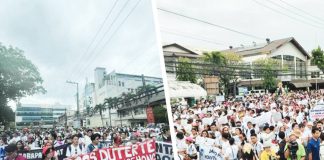 Two simultaneous marches — one from Jaro Plaza and another from the University of the Philippines Visayas — converged at the Iloilo Provincial Capitol in Iloilo City at 3 p.m. yesterday, with protesters chanting and carrying placards denouncing what they called the “trillion-peso robbery” in government. AJ PALCULLO/PN